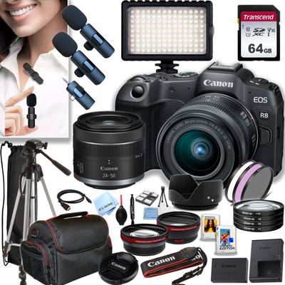 Canon EOS R8 24.2MP Full-Frame CMOS Sensor Mirrorless Camera with 24-50mm Lens + 64GB Memory,Wireless Lavalier Microphones, 126 LED Light, Filters,Case, Tripod, and More (34pc Bundle) (Renewed)