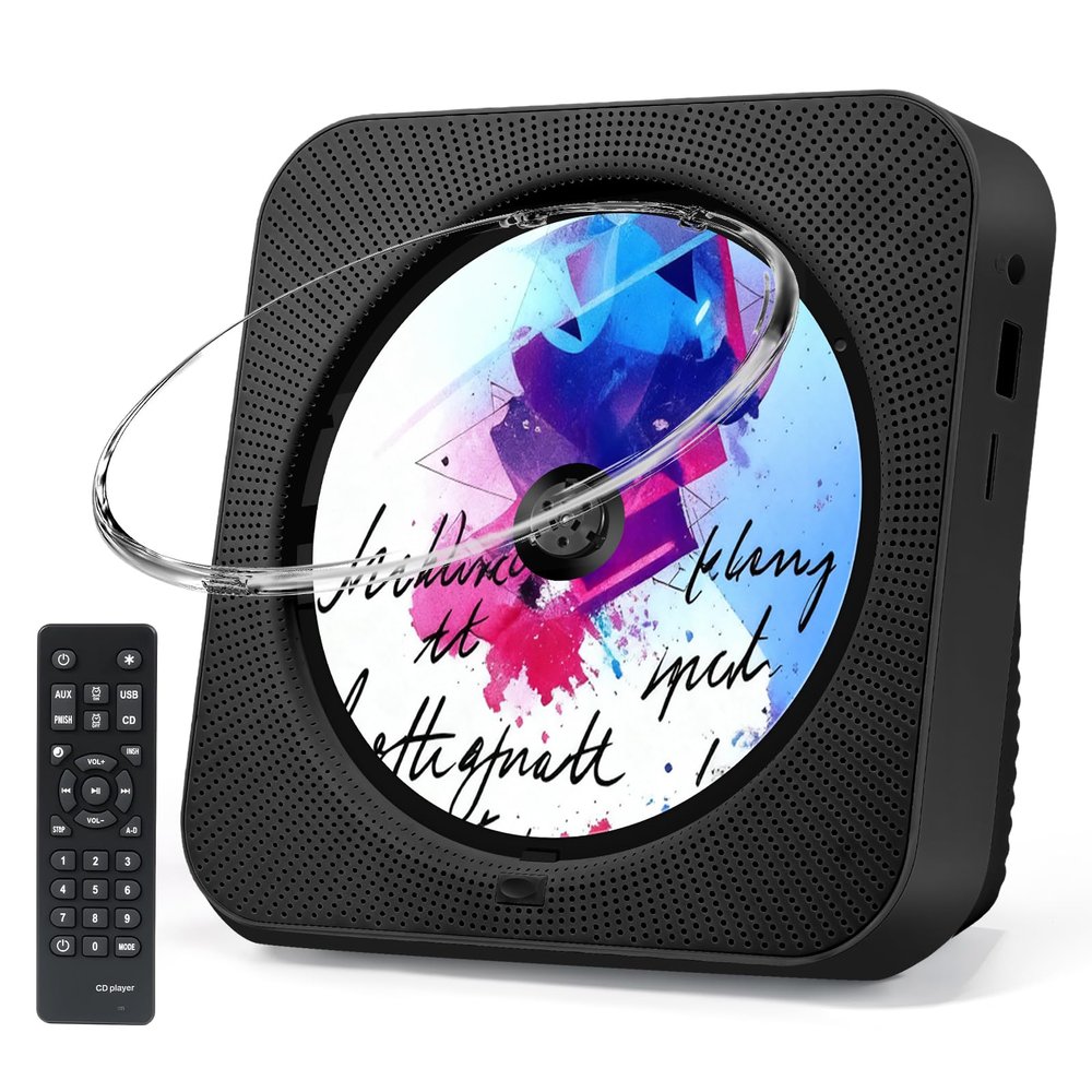 CD Player Portable, Bluetooth CD Players for Home with Remote Control HiFi Stereo LED Display Timer FM Radio AUX/USB/TF Jack, Music CD Player with Speakers Desktop Boombox for Office Kids Gift Black