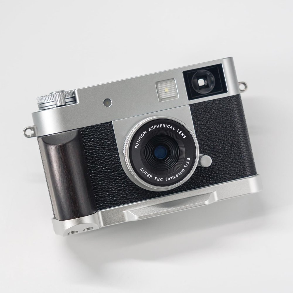 Handmade Wooden Handle Grip L Plate Alloy Base for Xhalf X-Half Camera Holder (Ebony + Silver Base)