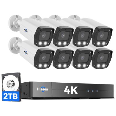 4K HD +0 Monthly Fee Hiseeu 8MP PoE Security Camera System, 8 Pcs 4K Security Camera Outdoor&Indoor, 121 Wide View, Color Night Vision, Smart Playback,7/24 Record,Home Surveillance NVR Kit 2TB HDD