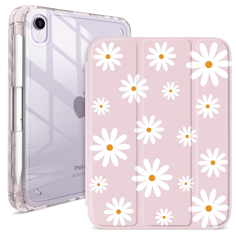 Pretty Daisy Print Cute iPad mini 6/7 Case with Pencil Holder | Clear Acrylic Anti-Bend Back Shockproof Cover, Tri-Fold Stand Auto Wake/Sleep, Compatible with iPad mini A17 Pro/A2567/A2568/A2569