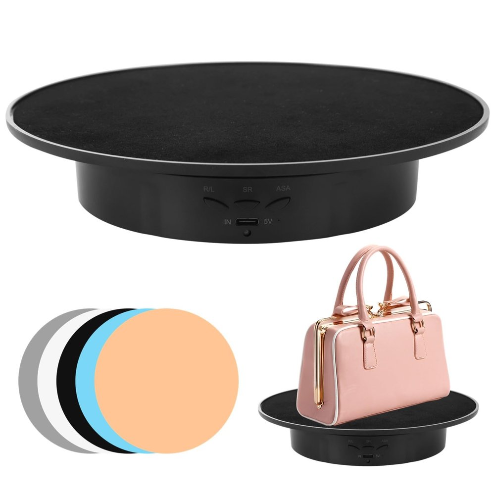 LUMINFLY Motorized Rotating Turntable, Adjustable Speed & Angle, Black Suede with 5 Backgrounds, 7.9