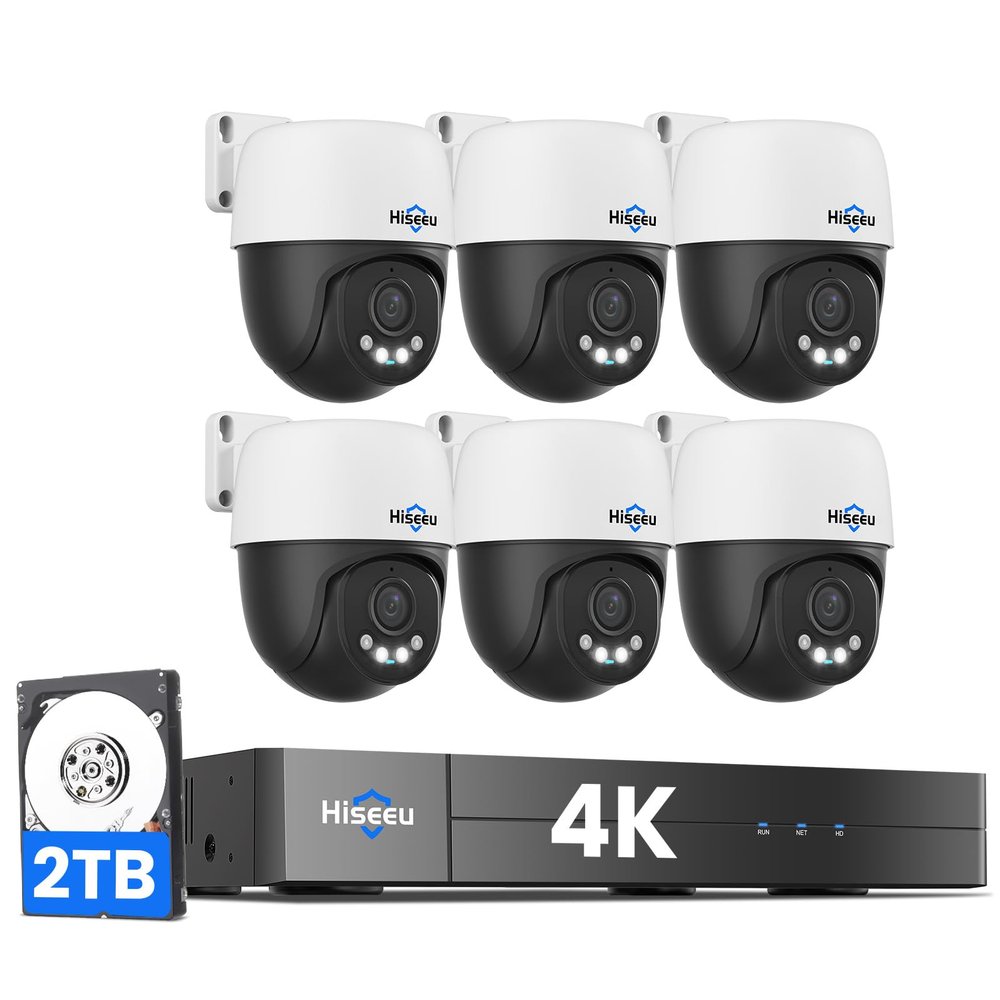 4K HD+360View Hiseeu 4K PoE Security Camera System, 6 Pcs 8MP PTZ Wired Security Camera Outdoor&Indoor, Auto Human Tracking, Free Remote Access, 2 Way Audio, Plug and Play, 2TB HDD for 7/24 Record