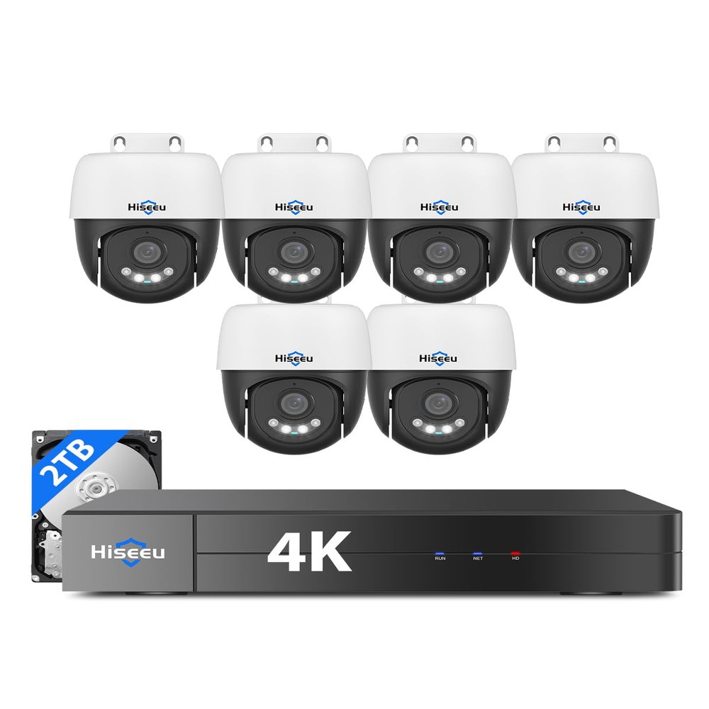 [4K+360 View] Hiseeu 4K PoE Security Camera System, 6Pcs 8MP PoE PTZ Wired Camera Outdoor, Human Vehicle Detect, 2-Way Audio, Color Night Vision, 16CH Expandable, 2TB HDD for 24/7 Home Surveillance
