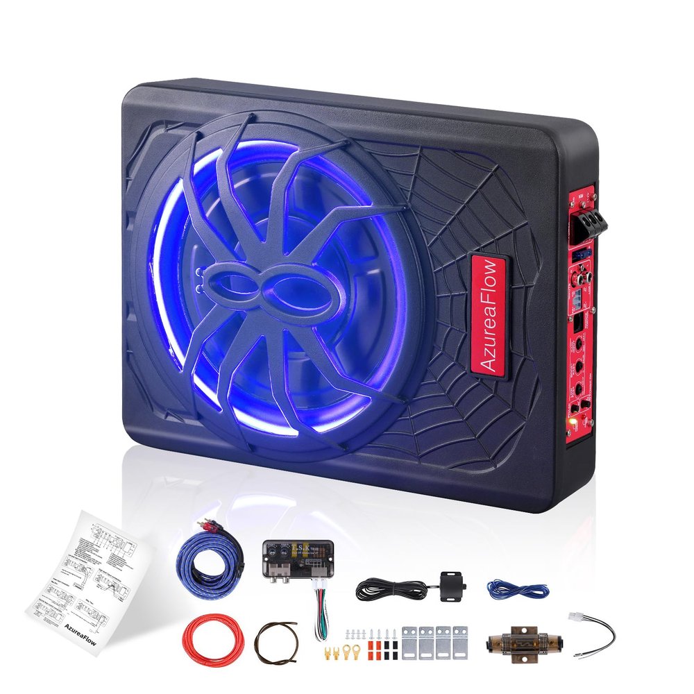  10" 1200W Slim Under Seat Car Subwoofer with Amp and Blue LED Lights, Enhanced Bass and Superior Heat Dissipation, Fit Truck SUV Jeep MPV for Passionate Driving, 1-Yr Service