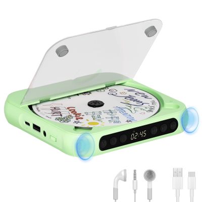 Portable CD Player with Bluetooth, Rechargeable CD Player for Home/Car, Built-in HiFi Speakers, Headphones, LCD Screen, Supports CD/AUX/USB and Repeat Modes, Green