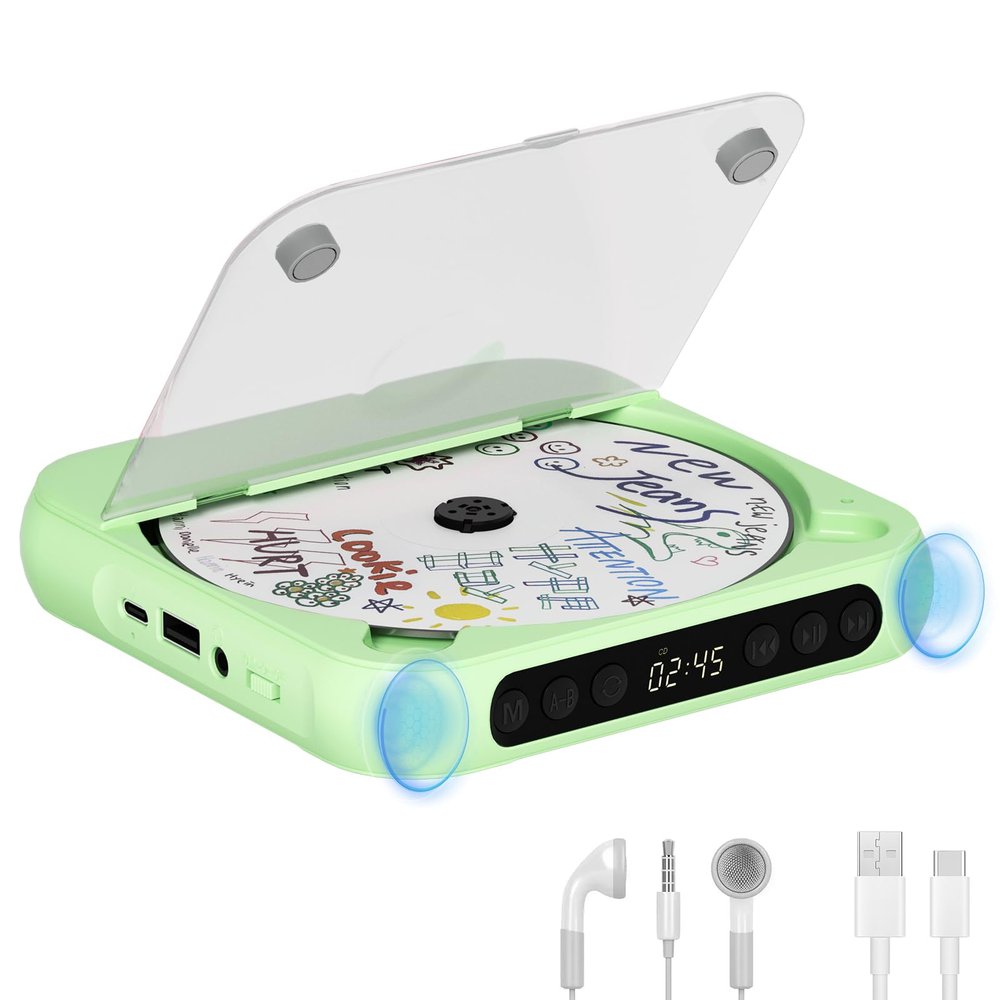 Portable CD Player with Bluetooth, Rechargeable CD Player for Home/Car, Built-in HiFi Speakers, Headphones, LCD Screen, Supports CD/AUX/USB and Repeat Modes, Green
