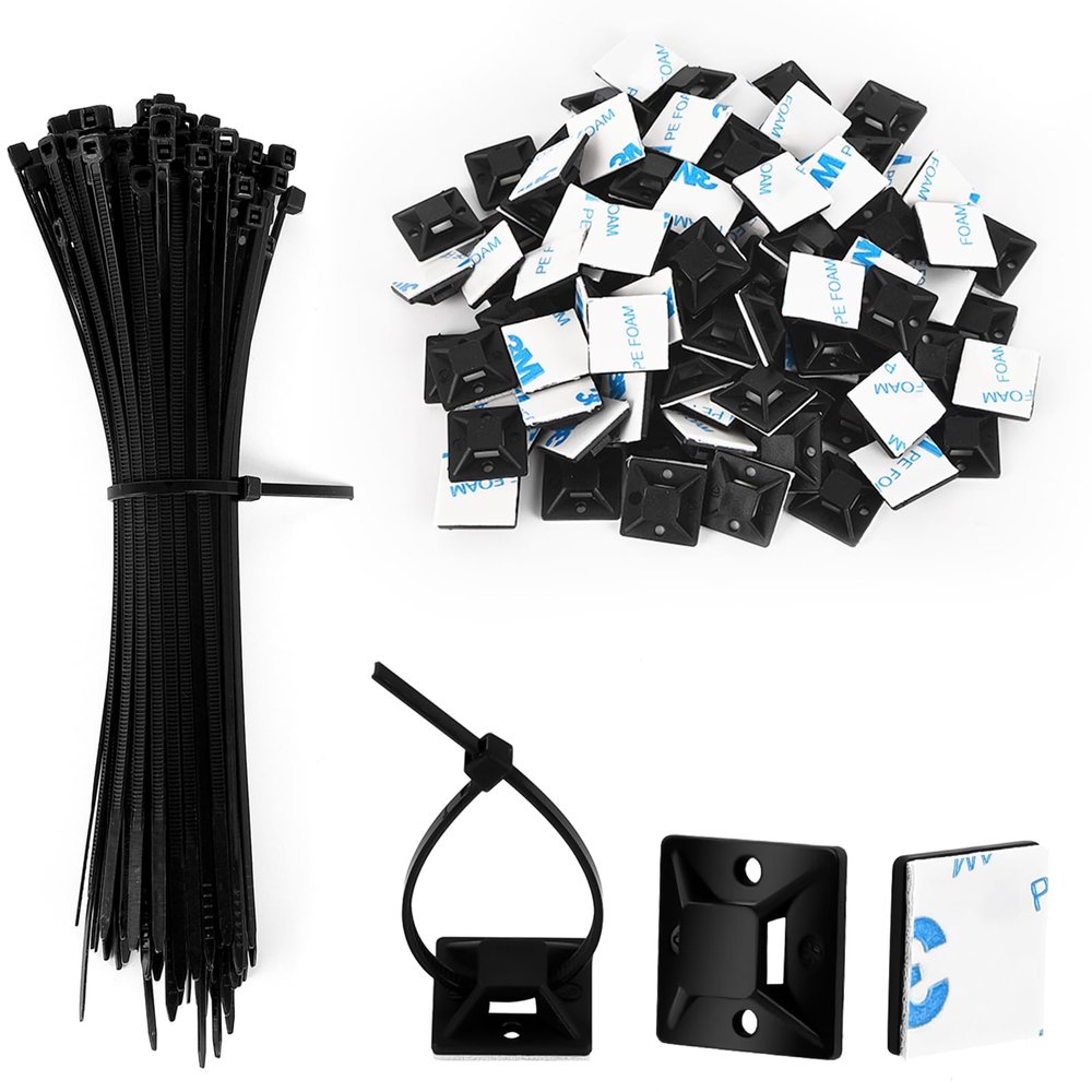 100 Sets Cable Zip Tie Mounts Kit- 3/4" Adhesive Cable Base Holder Mounting Squares and 6" Black Nylon Zip Ties Outdoor Sticky Wire Fasteners Clips Cable Management Anchor Organizer