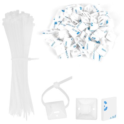 100 Sets Cable Zip Tie Mounts Kit- 3/4" Adhesive Cable Base Holder Mounting Squares and 6" White Nylon Zip Ties Outdoor Sticky Wire Fasteners Clips Cable Management Anchor Organizer