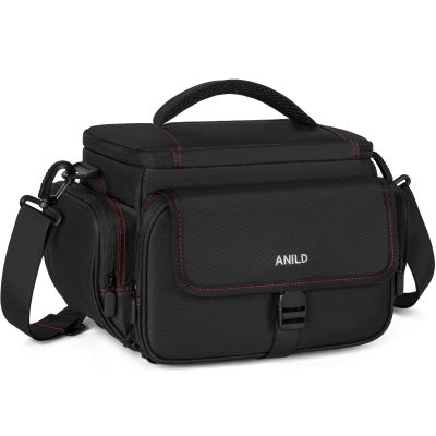 ANILD DSLR Gadget Bag, Crossbody Camera Bag for Photographers, Solid Water-resistant Travel Photography Camera Messenger Bag with Tripod Holder, Black with Red Interior