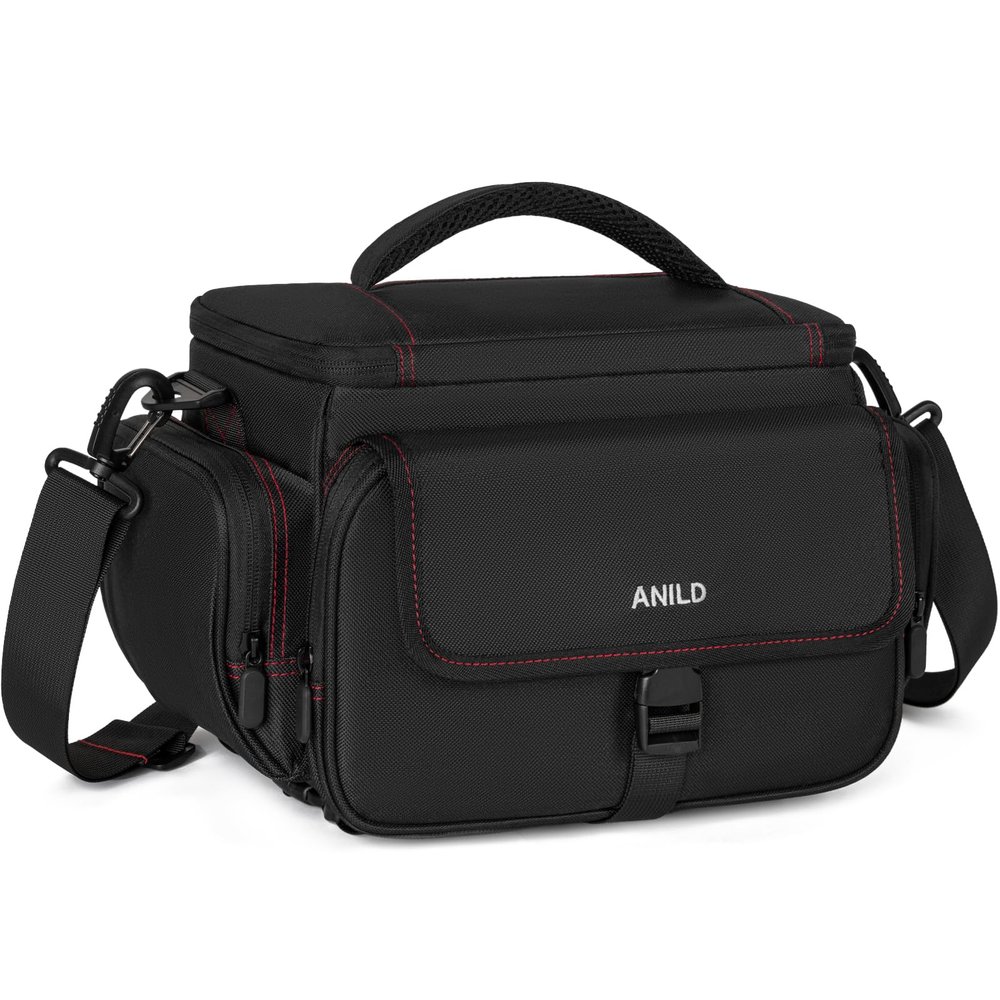 ANILD DSLR Gadget Bag, Crossbody Camera Bag for Photographers, Solid Water-resistant Travel Photography Camera Messenger Bag with Tripod Holder, Black with Red Interior