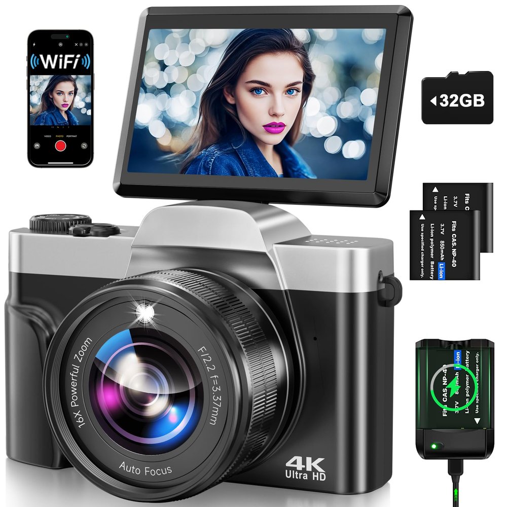 4K Digital Camera for Photography with WiFi, 2025 Latest Auto-Focus Vlogging Camera for YouTube Video 3'' 180 Flip Screen Travel Cameras 16X Zoom Anti-Shake 4K Cameras with SD Card, 2 Batteries