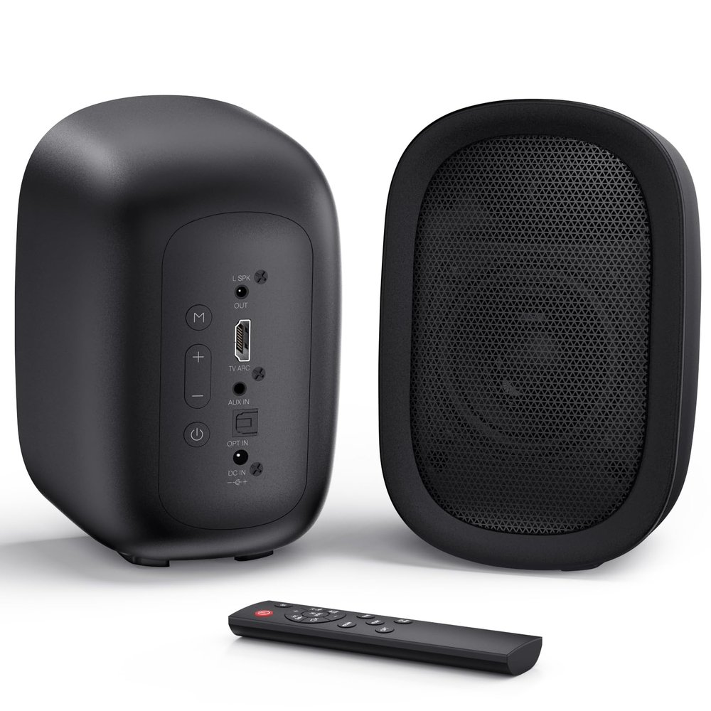 Saiyin Powered Bluetooth Bookshelf Speakers for Record Player, 40W Stereo Sound Speakers with 3-Inch Woofer, Dual-Curved Horn Bass Reflex Port and Optical/AUX/TV-ARC for Turntable/PC/TV, Pair