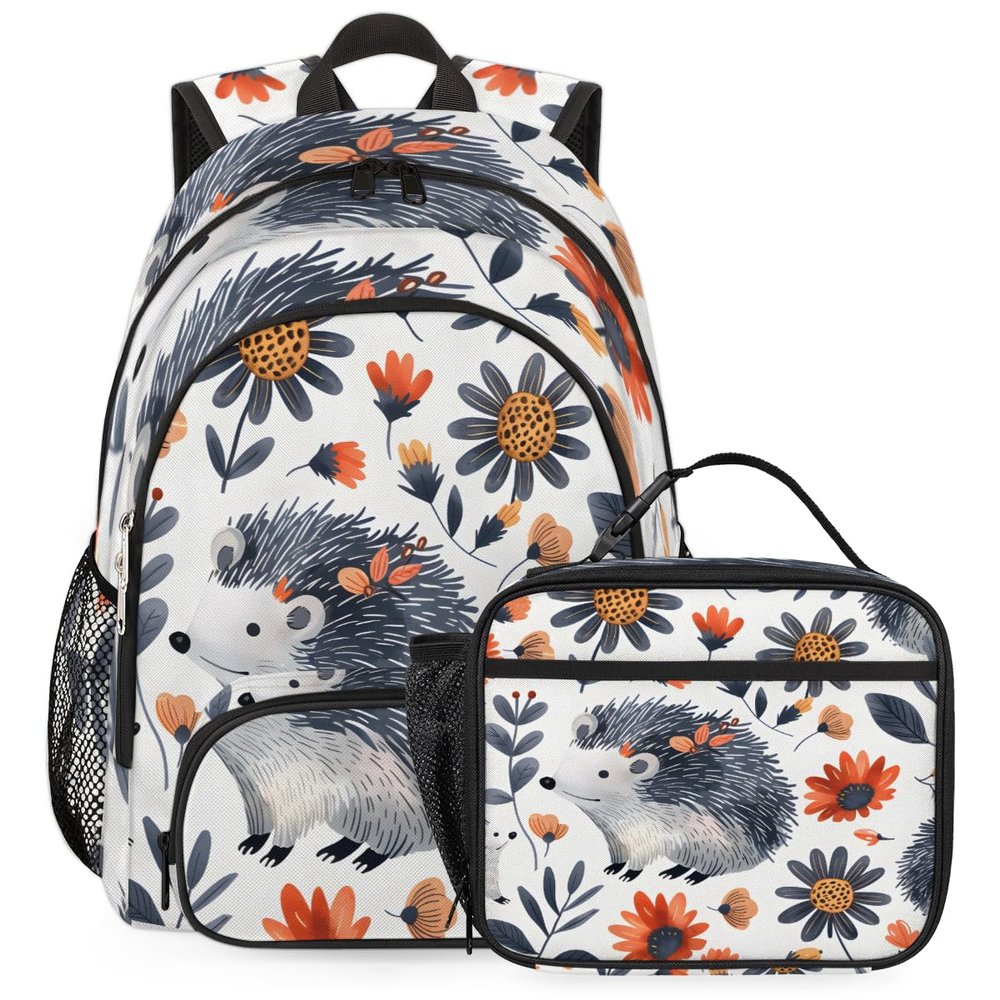 Adornori Hedgehog Large Backpack Set with Lunch Box Lightweight Water Resistant Flower Travel Laptop Backpacks Casual Daypacks