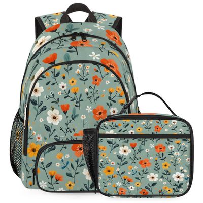 Adornori Floral Flower Plant Large Backpack Set with Lunch Box Lightweight Water Resistant Blooming Flowers Travel Laptop Backpacks Casual Daypacks
