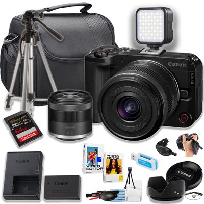 Canon EOS R50V Mirrorless Camera w/14-30mm Lens + 64GB Extreme Pro Memory Card + 50 Inch Tripod + LED Light + Camera Case + More (16pc Bundle) (Renewed)