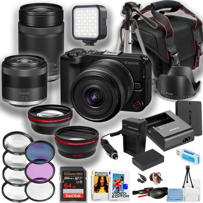 Canon EOS R50V Mirrorless Camera w/14-30mm and 55-210mm Lens + LED Light + Sandisk 64GB Extreme Pro Memory Card + Camera Case + More (22pc Bundle) (Renewed)