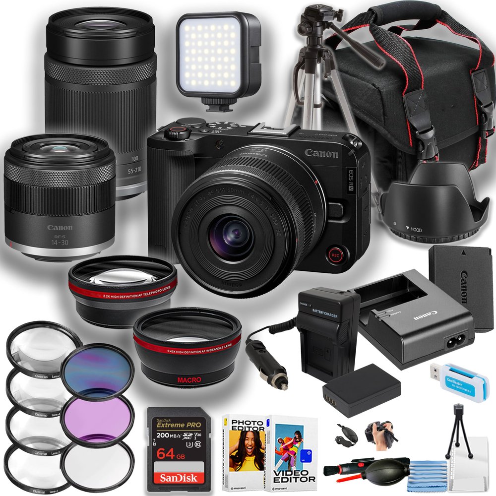 Canon EOS R50V Mirrorless Camera w/14-30mm and 55-210mm Lens + LED Light + Sandisk 64GB Extreme Pro Memory Card + Camera Case + More (22pc Bundle) (Renewed)