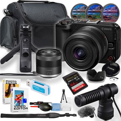Canon EOS R50V Mirrorless Camera w/14-30mm Lens + HG-100TBR Tripod Grip + DM-E100 Directional Microphone + Sandisk 64GB Extreme Pro Memory Card + More (16pc Bundle) (Renewed)