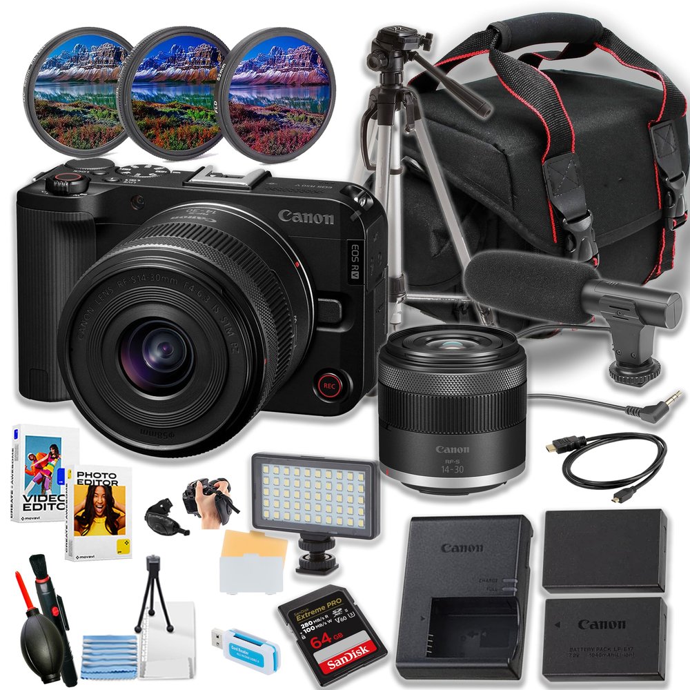 Canon EOS R50V Mirrorless Camera w/14-30mm Lens + Sandisk 64GB Extreme Pro Memory Card + LED Video Light + Camera Case + More (18pc Bundle) (Renewed)