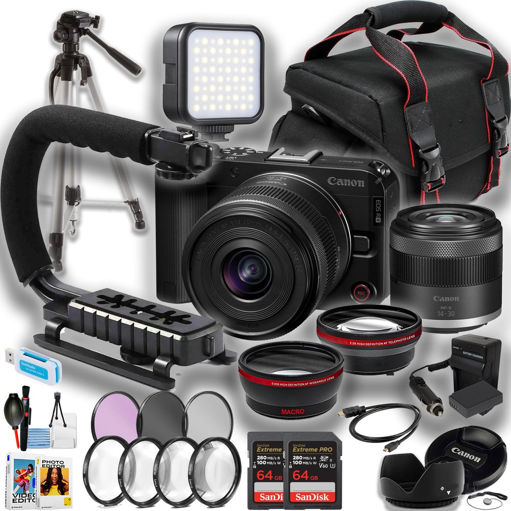 Canon EOS R50V Mirrorless Camera w/ 14-30mm Lens + LED Light + U-Grip + 50 Inch Tripod + 2pc Sandisk 64GB Extreme Pro Memory Card + More (23pc Bundle) (Renewed)