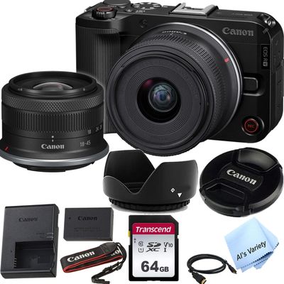 Canon EOS R50 V Mirrorless Camera with 18-45mm f/4.5-6.3 Lens | 64GB Memory | Tulip Hood | 24.2MP APS-C CMOS Sensor | UHD 4K60p Cropped, 4K30 6K | DIGIC X Image Processor (Renewed)
