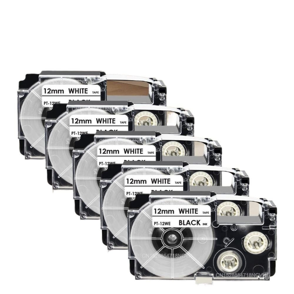 5PK 12mm Label Tape Works with XR-12WE XR-12RD XR-12BU XR-12YW XR-12GN Label Maker Also Compatible with KL-120 KL-820 Label Printers(Black on White)