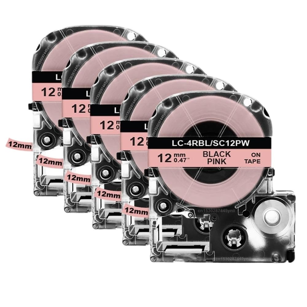 12mm Label Tape (5PK SS12KW) for LW-300/LW-400 & ST12KW/SC12RW/SC12YW/SC12GW(Black on Pink)