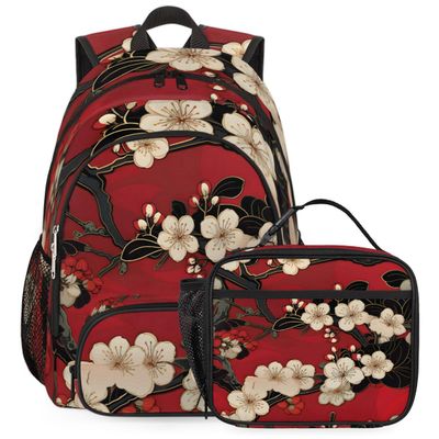 Adornori Red Floral Cherry Blossom Large Backpack Set with Lunch Box Lightweight Water Resistant Travel Laptop Backpacks Casual Daypacks
