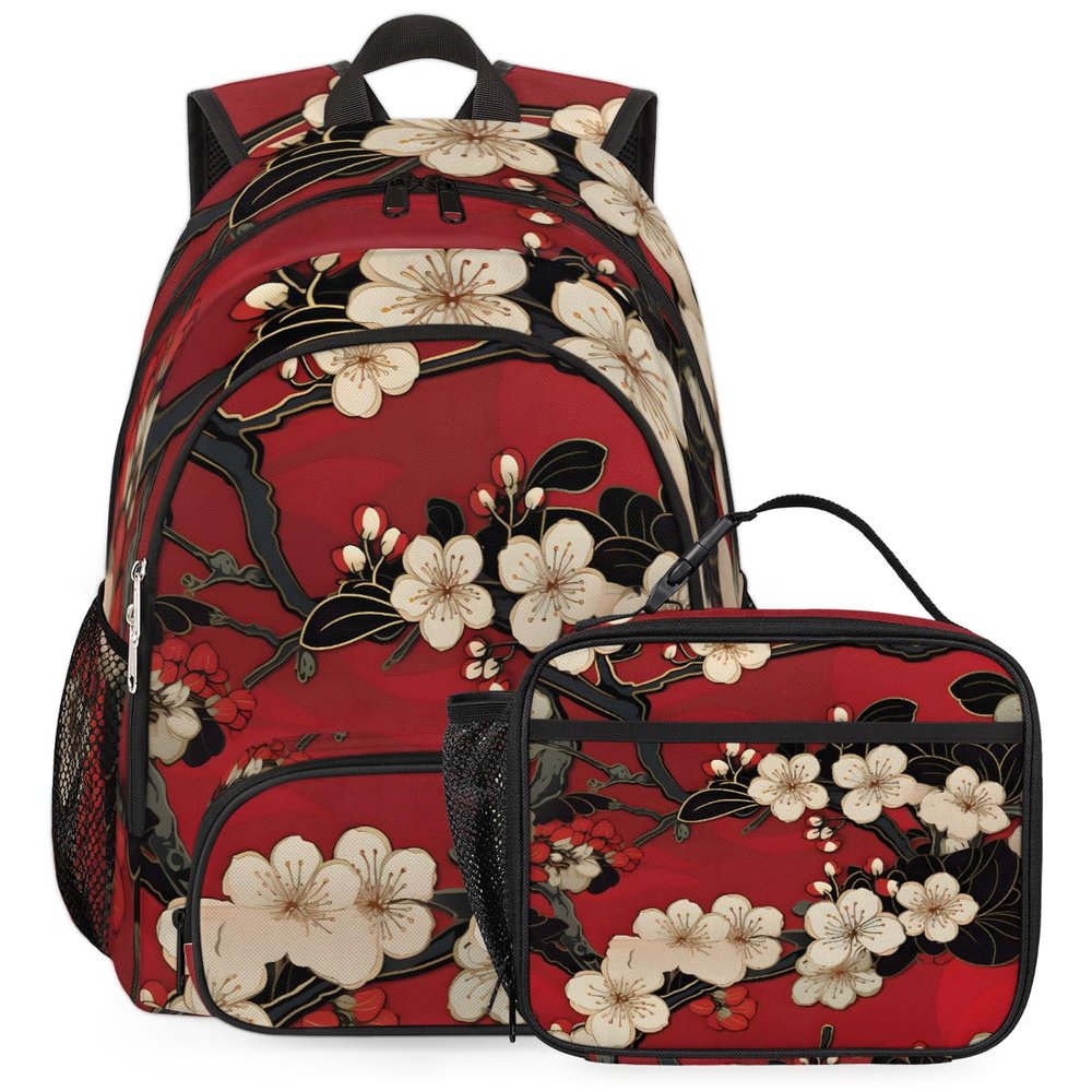 Adornori Red Floral Cherry Blossom Large Backpack Set with Lunch Box Lightweight Water Resistant Travel Laptop Backpacks Casual Daypacks