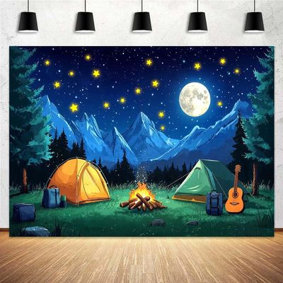 10x8FT Forest Scene Camping Backdrop Camp Bonfire Mountain Tent Photography Background Camping Campfire Adventure Theme Party Decorations Backdrop Banner Photo Booth Props