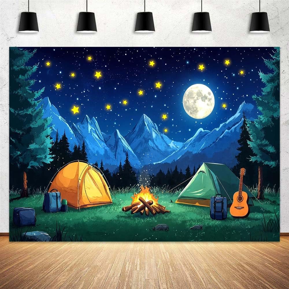 10x8FT Forest Scene Camping Backdrop Camp Bonfire Mountain Tent Photography Background Camping Campfire Adventure Theme Party Decorations Backdrop Banner Photo Booth Props
