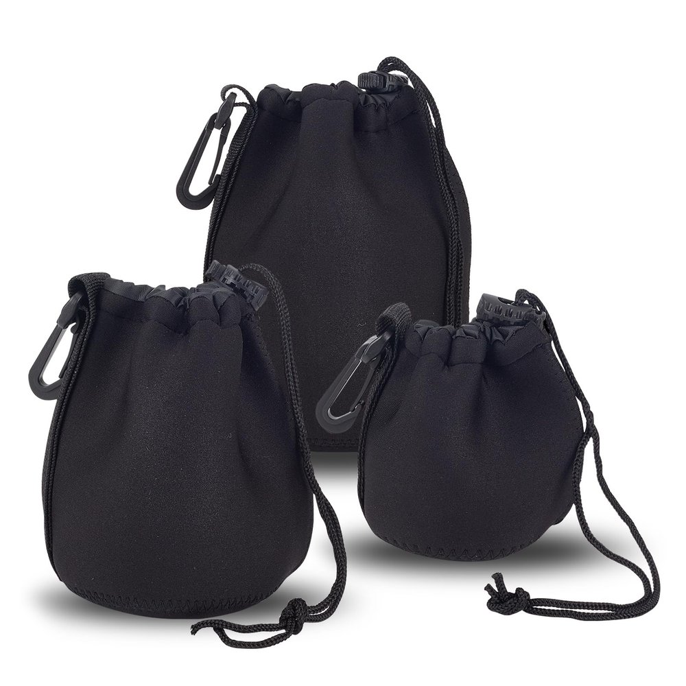 NICENEEDED 3 PCS S M L Camera Lens Pouch with Drawstring and Rotating Clamp, Highly Elastic Neoprene Replacement Lens Bag Hold Lenses up to 7-15 cm