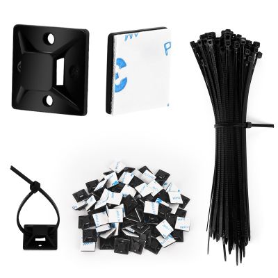 100Pack Self Adhesive Wire Clips Cable Zip Tie Mounts 3/4" Stick Pads Multi-Purpose Wire Tie Mount Base Holders with 6 Inch Zip Ties for Wire Management (Black)