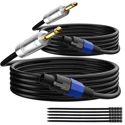 Elecan Premium Speakon to 6.35MM 1/4 Inch TS Male Speaker Cable 15 Ft/2 Pack, 12AWG Heavy-Duty High Power Amp Audio Connection Cord DJ/PA Amplifier Cable Wire with Twist Lock, 9.5mm OD, Black +Ties