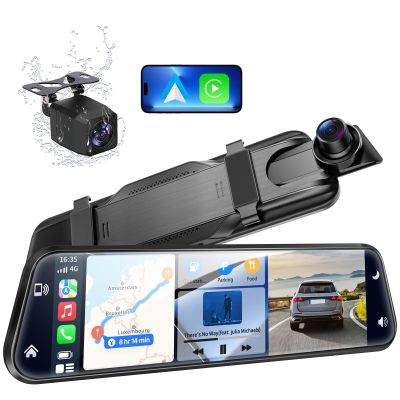 2.5K Mirror Dash Cam with Carplay&Android Auto,10" Rear View Mirror Camera for Cars/Trucks with Voice Control/ 64GB Card/Touch Screen/Parking Monitor/Reverse Assist/Dual Loop Record/WDR Tech