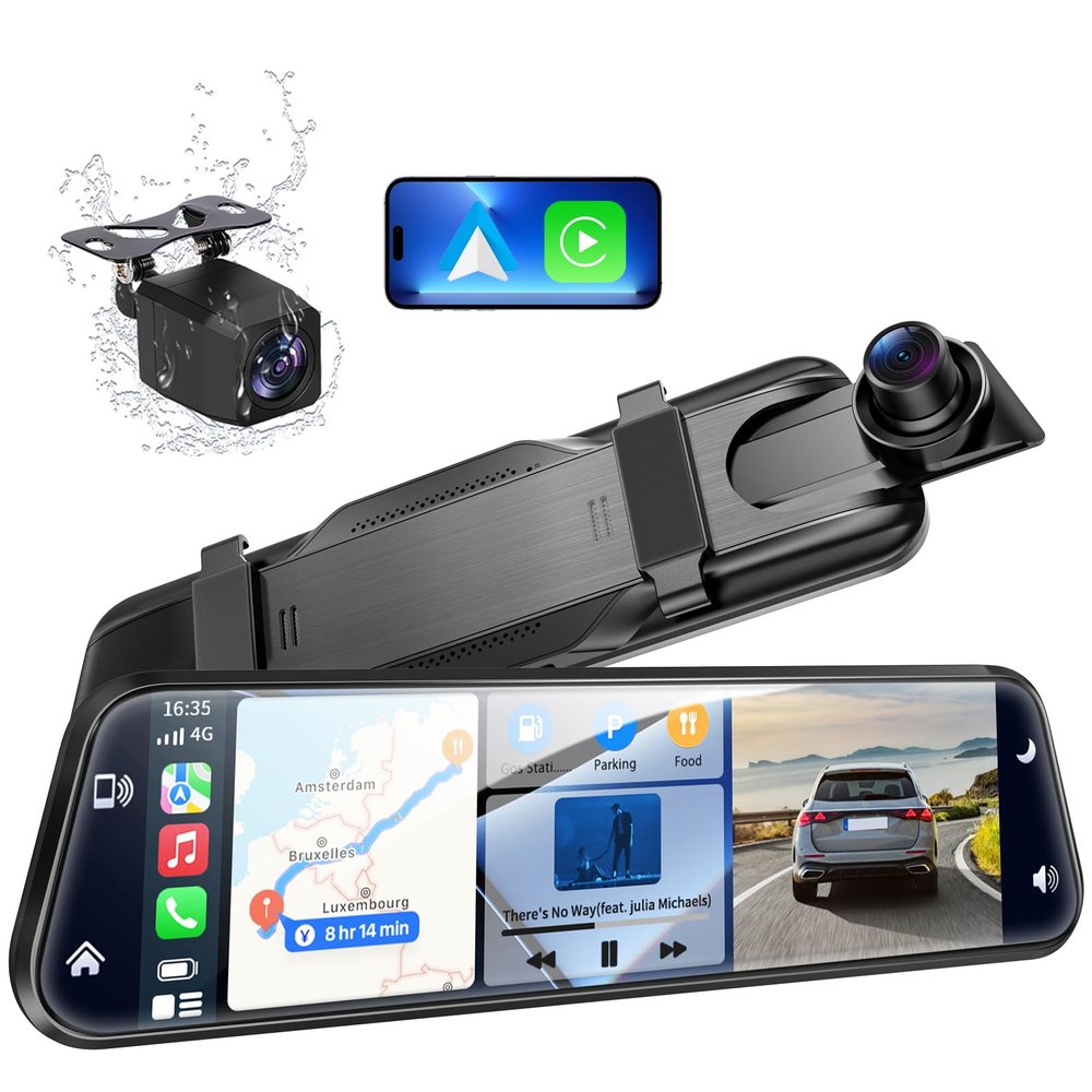2.5K Mirror Dash Cam with Carplay&Android Auto,10" Rear View Mirror Camera for Cars/Trucks with Voice Control/ 64GB Card/Touch Screen/Parking Monitor/Reverse Assist/Dual Loop Record/WDR Tech