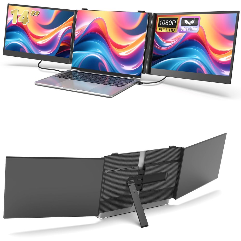 14" Triple Laptop Screen Extender, 1080P FHD IPS Ultra-Slim Portable Dual Monitor for Laptop, USB C HDMI Plug-Play Monitor Extender for Triple Display for MacOS/Windows, Fits 13-17.3" Laptops
