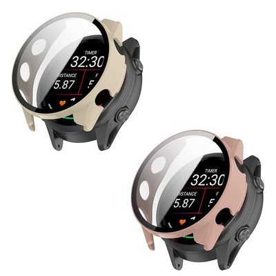 2 Pack Hard for Garmin Forerunner 570 42mm/47mm Case with Screen Protector, Hard PC Protective Case Shockproof Anti-Scratch Bumper Cover (Beige/Pink, Garmin Forerunner 570 47mm)