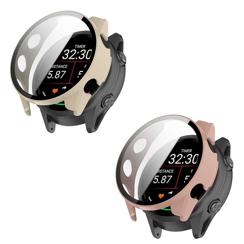 2 Pack Hard for Garmin Forerunner 570 42mm/47mm Case with Screen Protector, Hard PC Protective Case Shockproof Anti-Scratch Bumper Cover (Beige/Pink, Garmin Forerunner 570 47mm)