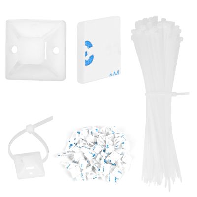 100Pack Self Adhesive Wire Clips Cable Zip Tie Mounts 3/4" Stick Pads Multi-Purpose Wire Tie Mount Base Holders with 6 Inch Zip Ties for Wire Management (White)