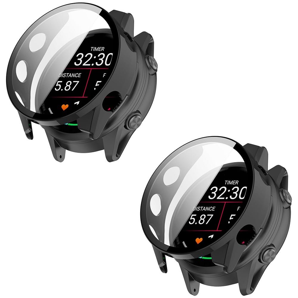 2 Pack Hard for Garmin Forerunner 570 42mm/47mm Case with Screen Protector, Hard PC Protective Case Shockproof Anti-Scratch Bumper Cover (Black/Black, Garmin Forerunner 570 47mm)