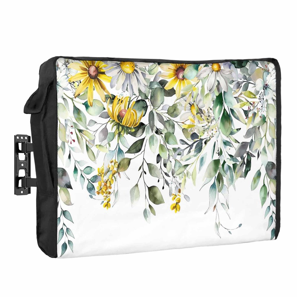 Big buy store Outdoor TV Cover 75 Inch Yellow Daisy TV Enclosure Floral Eucalyptus Leaves TV Covers for Outside TV Display Screen Protector with Remote Control Pocket Home Decor