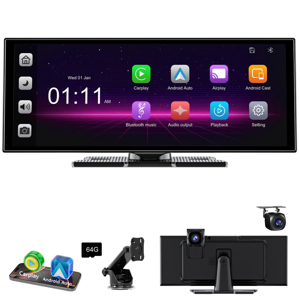 [11" Fully Laminated 60fps Touchscreen] -Accfly Wireless car Play Screen for Apple carplay &Android Auto, OTA Updates -HD Front Dashcam & Backup Camera, Car Stereo Radio/GPS Navigation/BT Audio