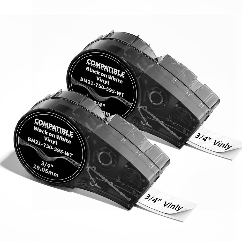 Compatible with M21-750-595-WT 3/4 inch Vinyl Industrial Labeling Tape Black on White High Adhesion, Work for M210, M211, BMP21-Plus, BMP21 LAB Printer, 0.75" W x 21' L, 2-Pack