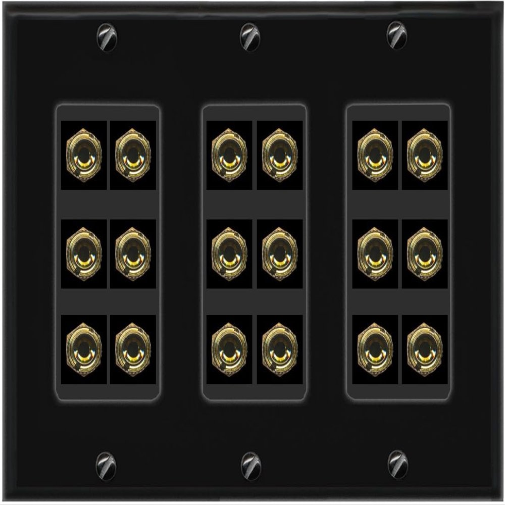 RiteAV 9.0 Surround Sound 9 Speaker 18 Banana Plug Jack Wall Plate Female Connectors - 3 Gang [Black]