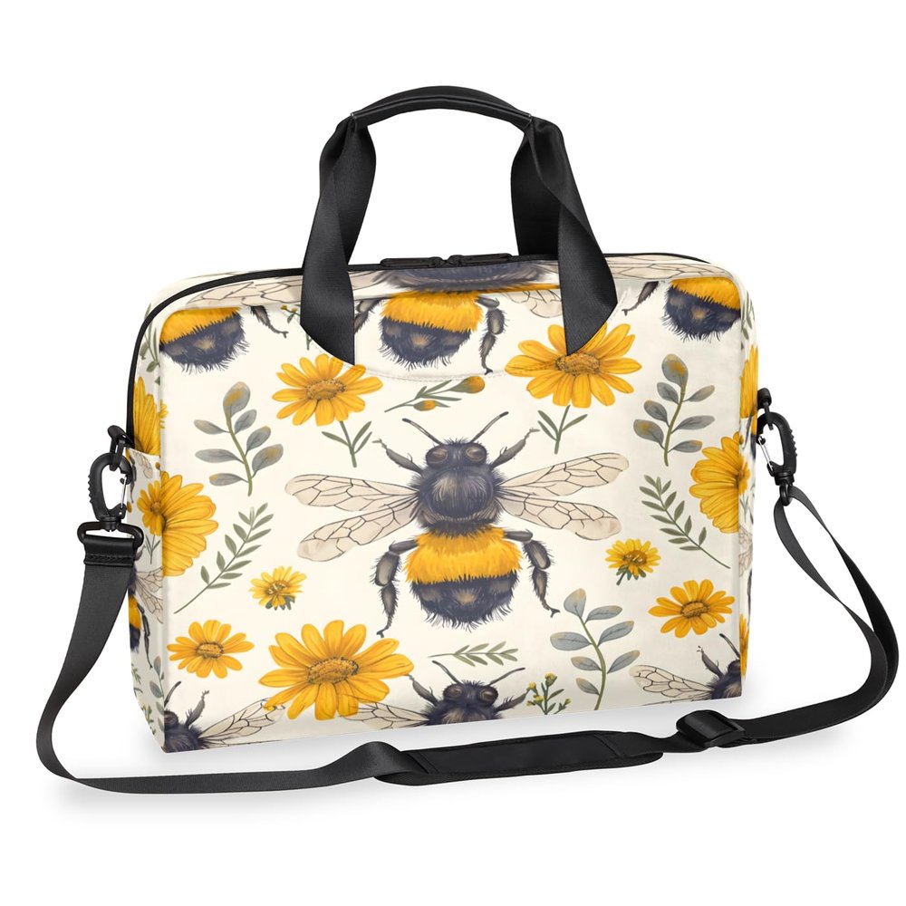 Adornori Cute Bee Laptop Bag 15.6 Inch Laptop Sleeve Case with Shoulder Straps Floral Bee Computer Case Cover Slim Briefcase for Men Women