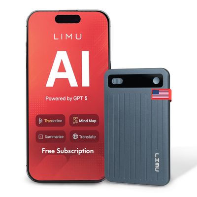 LIMU AI Voice Recorder with App Control - Ultra Slim 64GB AI Note Taking Device - ChatGPT 5 Translation, Summaries & Mind Maps (125 Languages), 400 Min/Month, Digital Audio Recorder with Transcription