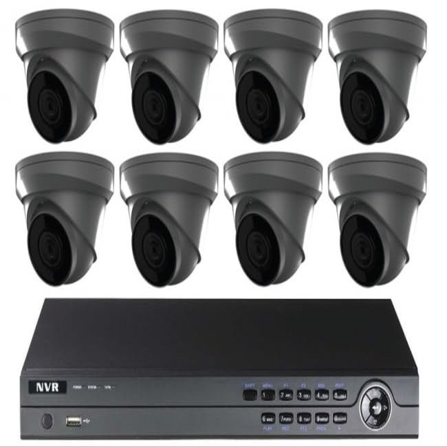 CCTVWHOLESALEOUTLET 4MP Plug & Play IP Kit: 16ch NVR with 4TB, 8 Turret Grey Cameras 4mm Lens, Night Vision, Built-in Mic, 100FT IR
