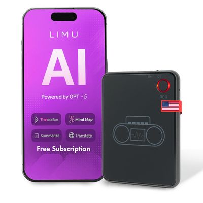 LIMU AI Voice Recorder with App Control - 13h Recording Device, 64GB AI Note Taking Device - GPT 5 Translation, Summaries & Mind Maps (125 Languages), 400 Min/Month, Audio Recorder with Transcription